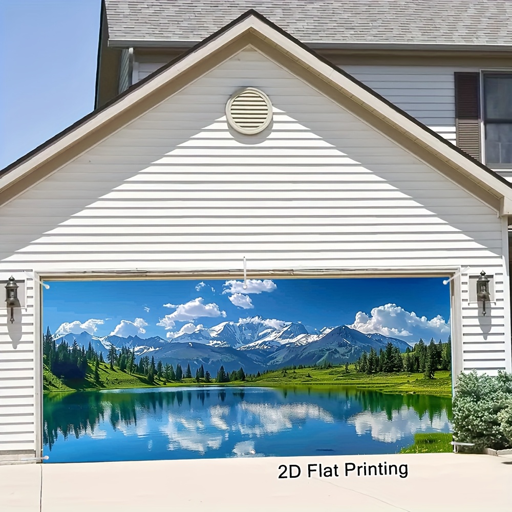 1pc Elegant Mountain and Lake Landscape Garage Door Cover - 2D Flat Printing, Easy to Hang Outdoor Banner for All Seasons, Festive Decor for Home, Garden, or Themed Events, Outdoor Decor