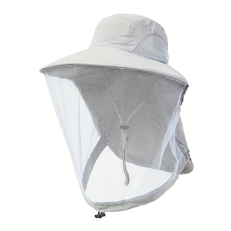 TEMU 1pc Unisex Outdoor Mesh Hat & Integrated Face Mask - Breathable Fishing Hat With Adjustable Chin Strap, Wide Brim, For Camping, Hiking, Camping