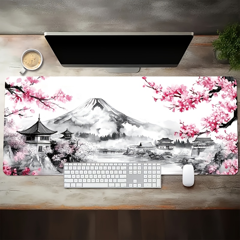 E-shop XXL großes Mauspad im japanischen Stil mit Kirschblüten Berg Fuji, 35,4x15,7 Zoll, erweiterte Computer-Mausmatte, geeignet für kabellose Maus