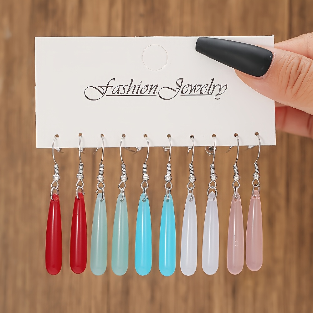 TEMU Easy All-match Dopamine Color Long Drop-shaped Resin Earring Set, Suitable For Women' Matching And Perfect Travel Gift For Girlfriend, Mom