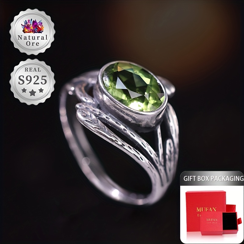 Women's Adjustable 925 Silver Green Peridot Ring, Exquisite Gift