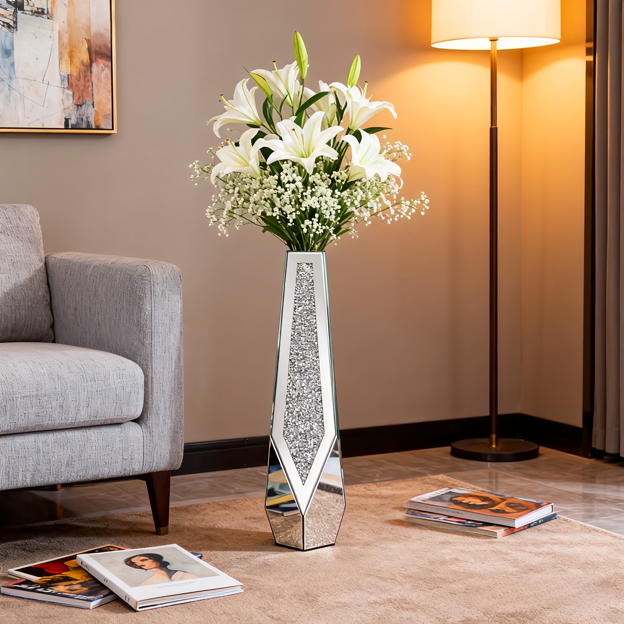 E-shop 85,5 cm Großer Moderner Glas-Boden-Vase im Diamant--Stil – Rechteckige Blumenvase für Pampasgras, Trockenblumen, Grünpflanzen – Hochzeit,