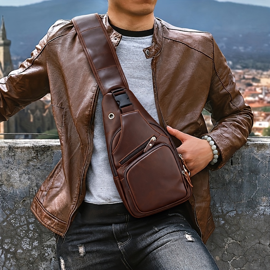 Image of Men's Genuine Leather Bag - Vintage Triangle Crossbody Sling With Zipper Closure, Short Daypack For Travel & - Durable Casual Shoulder Bag Suitable For Men