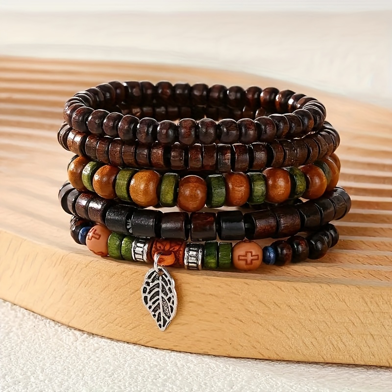 5pcs Set Of Ethnic Style Wooden Beads, Fashionable And Elegant Bangle Bangle Bracelet Set