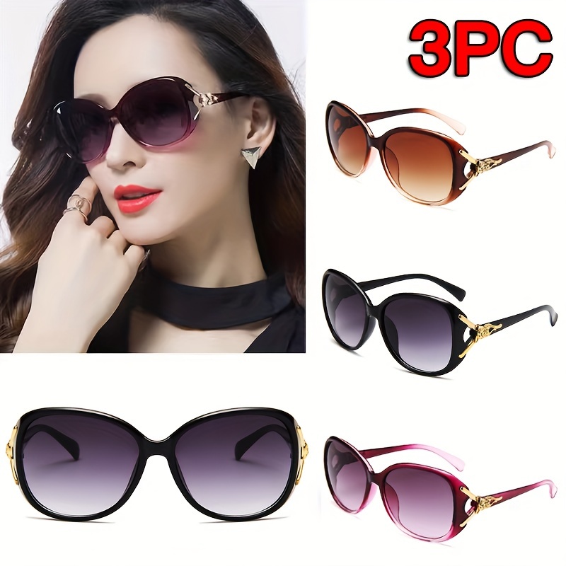 TEMU 3pcs Oval Large Frame Glasses Women's Fashion Glasses Vintage Sun Protection Luxury Golden