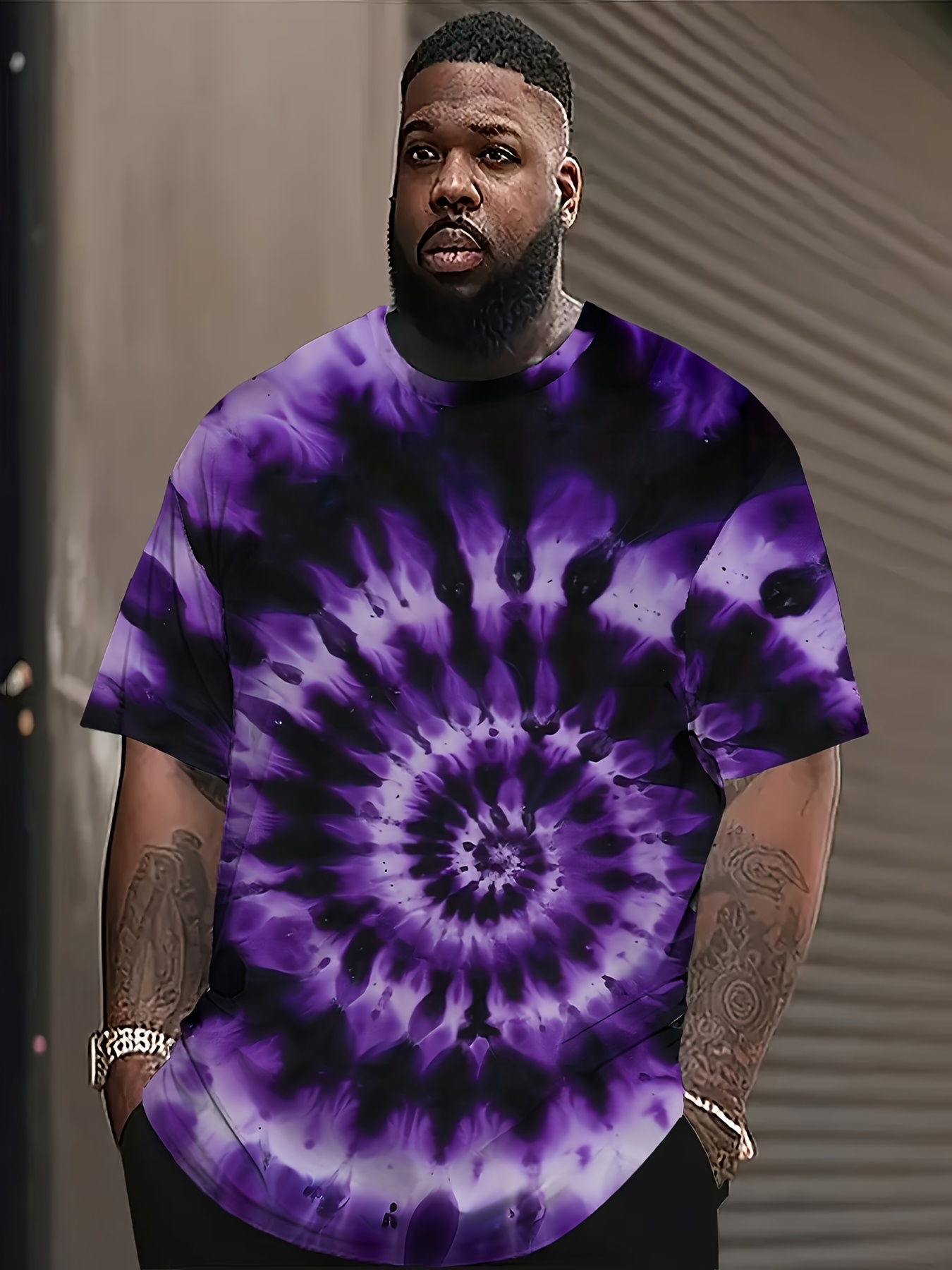 *'s Plus Size 3D Tie-Dye Graphic T-Shirt - Purple Retro Casual Short Sleeve  Tee with Round Neck, Machine Washable Regular Fit for Casual Attire, Sum, image size:800x1067