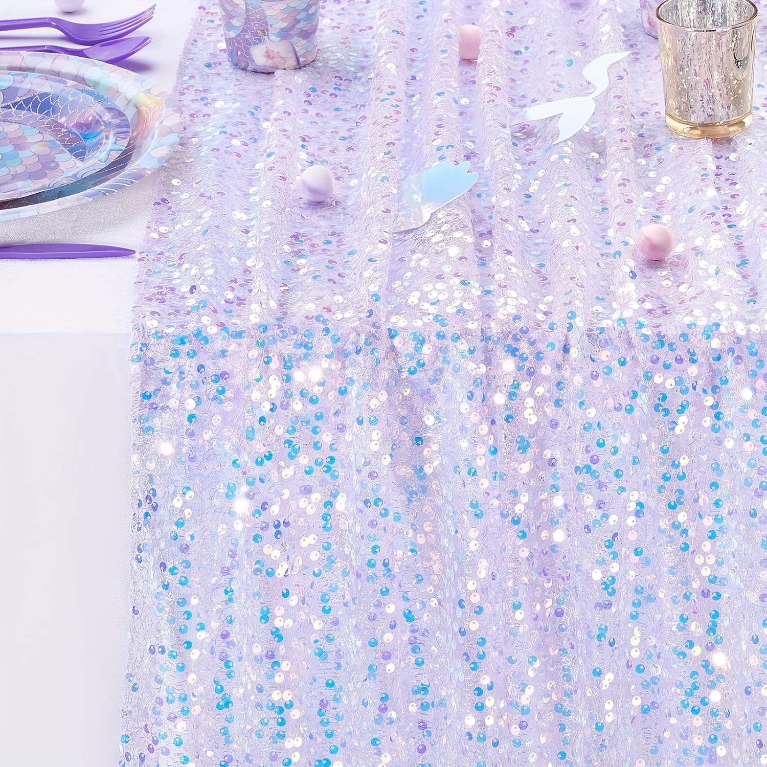 

Mermaid Party Table Runner - Rectangle Polyester Woven Table Cloth With Sparkling Holographic Mermaid Tail Sequin Design For Birthday, Pool, Underwater Ocean Themed Party Decorations