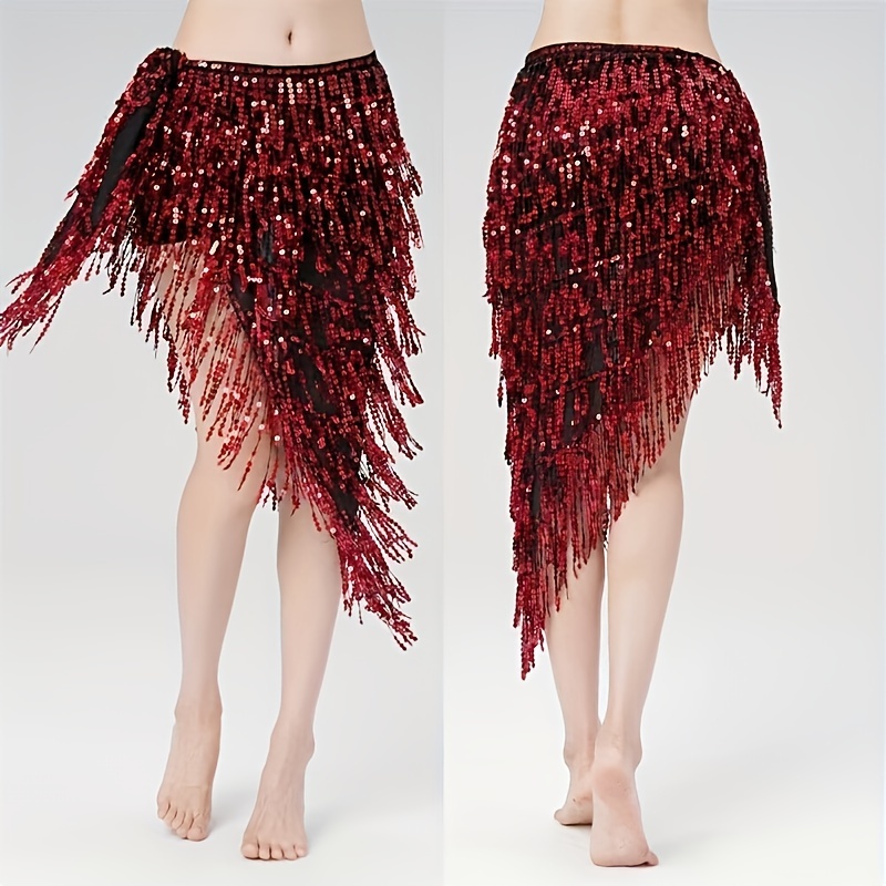 

[ Build] Women's Belly Dance Hip Scarf Skirt With Sequins And Tassels - Vibrant Red, Polyester, Hand Washable - Ideal For Beach Parties, Festivals, And Performances