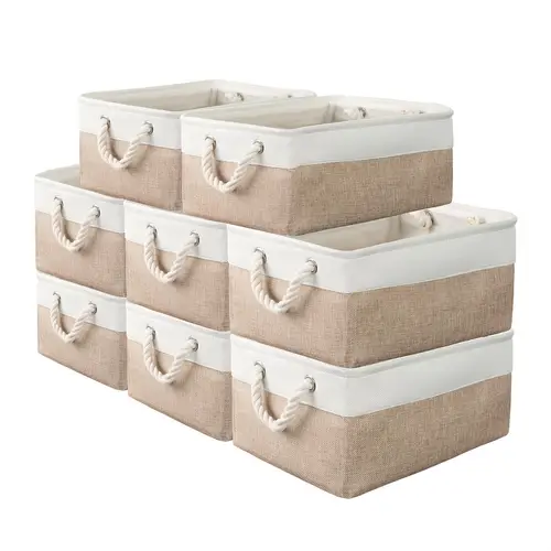 1 3 6 8 foldable fabric storage boxes with ropes 14 long x10 wide foldable storage boxes suitable for home office wardrobe clothes white and beige design durable and fashionable suitable for shelves bed storage cabinets wardrobe storage