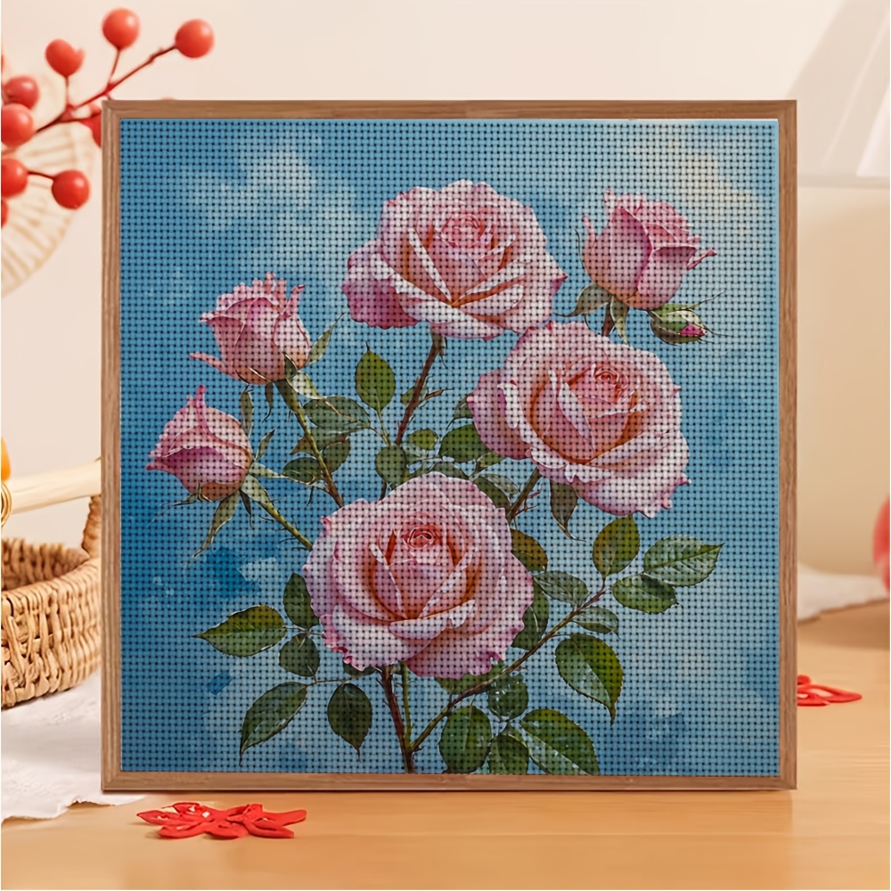 DIY Cross-Stitch Printed Kit, Blue Background with Pink Roses