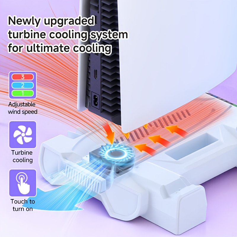 Koel- en Oplaaddock voor PS5/Slim, Met Turbine Koelontwerp, RGB Sfeerverlichting, Meerdere Intelligente Oplaadbeveiligingen, LED Oplaadindicator, Draadloze Controller Oplaaddock voor Dubbele Controllers, Hoofdtelefoonstandaard en Andere PS5 Accessoires