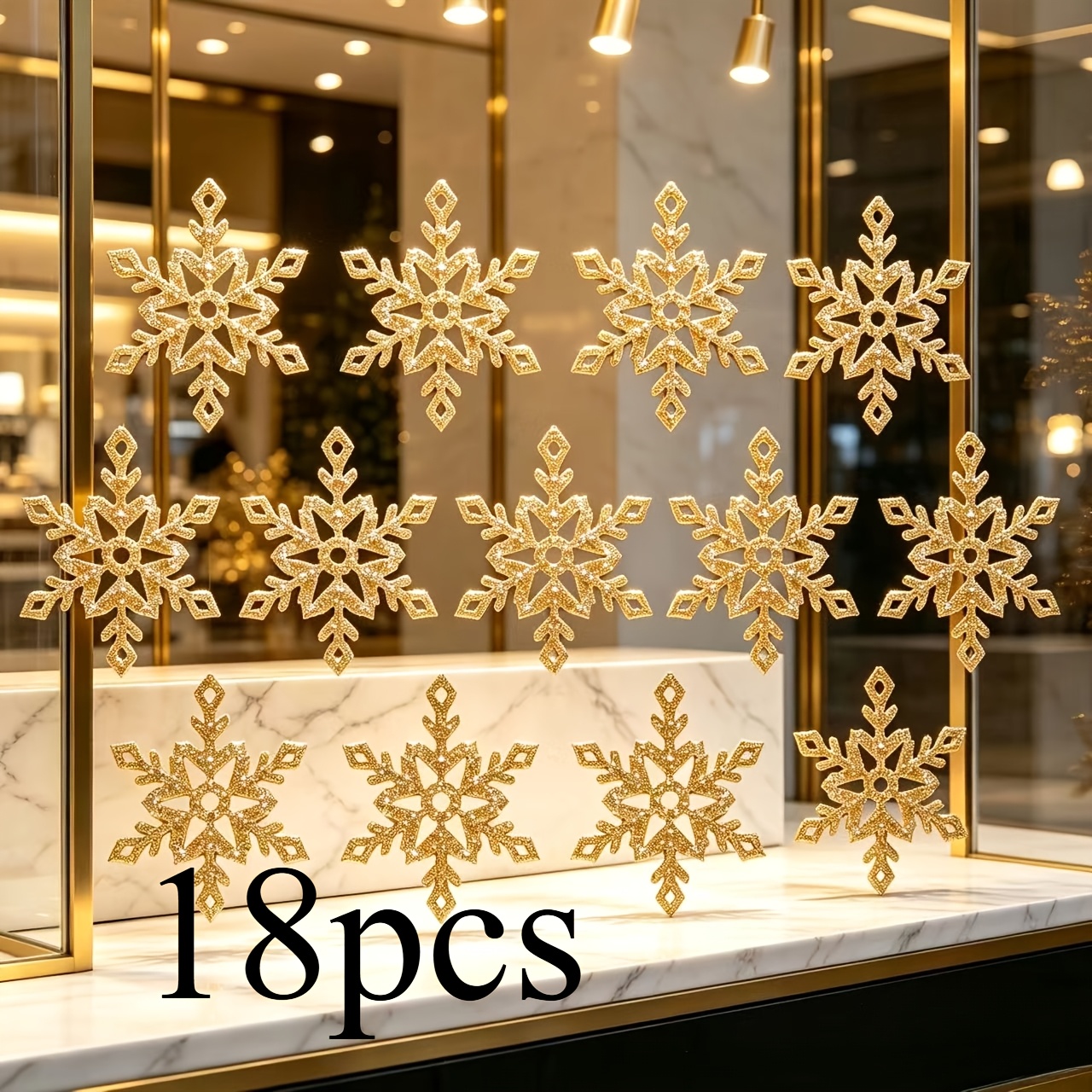 TEMU 18pcs Golden Glitter Hollow Snowflake Decorative Pieces, No-hole Design Snowflake Stickers, Christmas New Year Gift Box Desktop Background