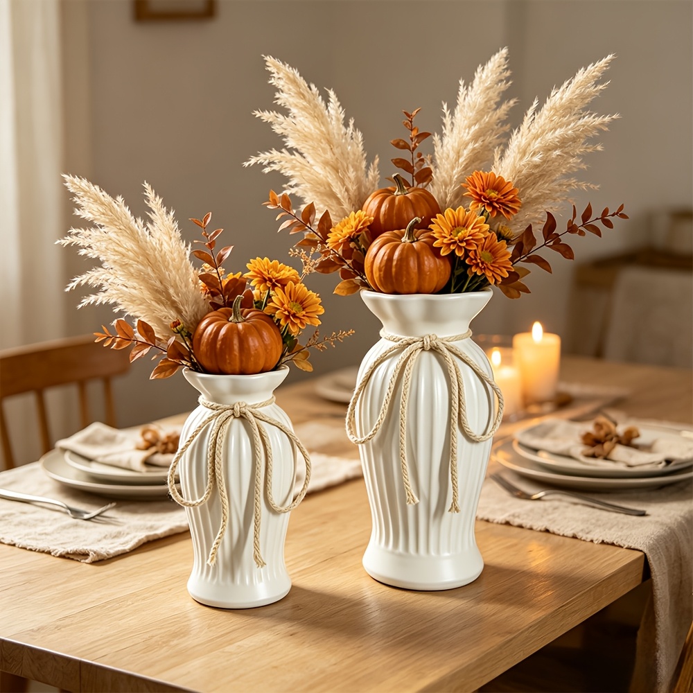 TEMU 2pcs White Ribbed Plastic Vase With Jute Bow, Flared Rim Large & Small Combo French Country Style Flower Pot, Elegant Dried & Centerpiece For