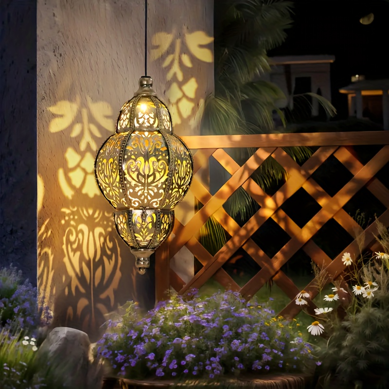 E-shop Hängende Solarleuchte für den Außenbereich, IP65 Metall Marokkanische Gartendekoration für Terrasse, Weg, Hof, Veranda, Garten, Gold, 1 Stück