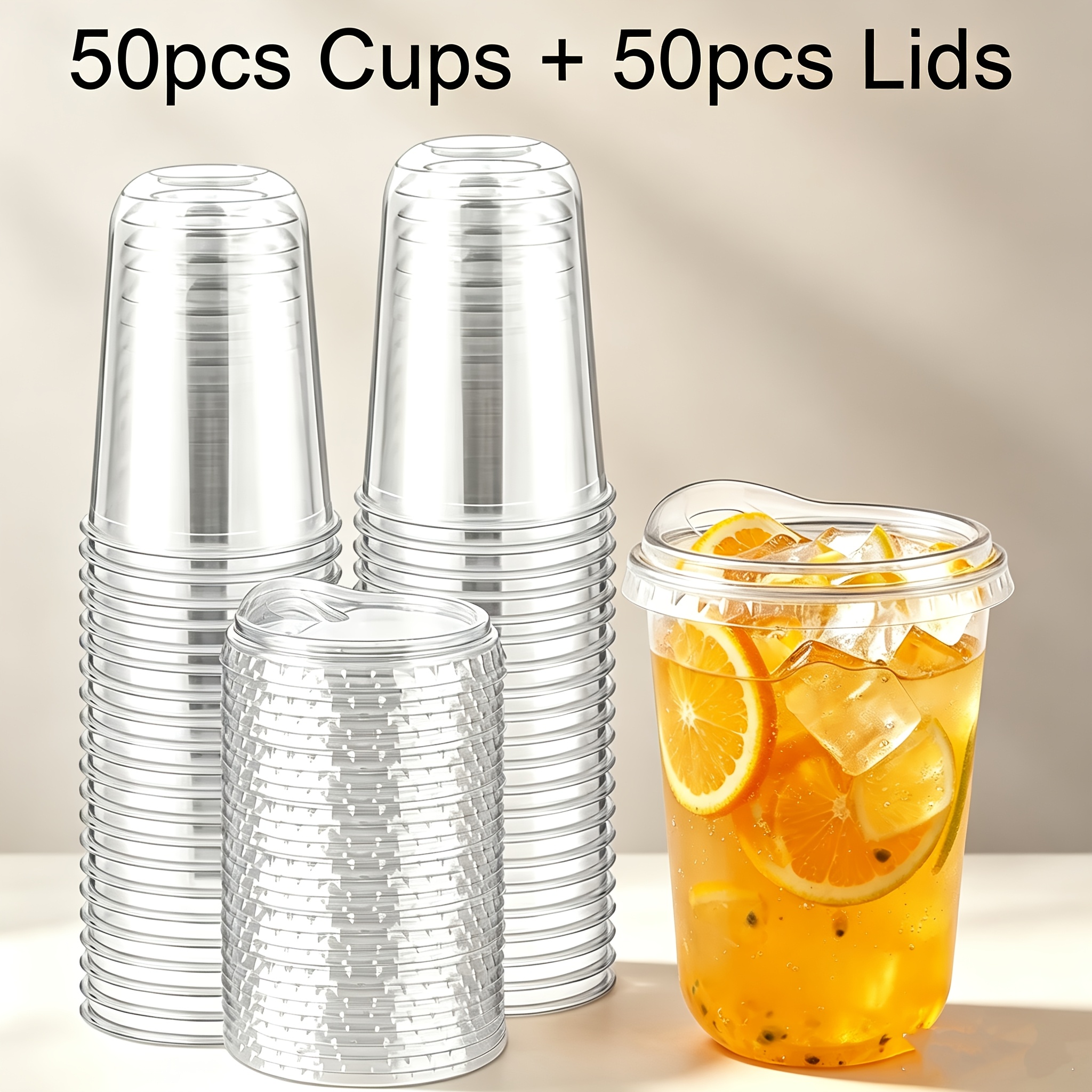 TEMU Lot de 100 : 50 gobelets + 50 couvercles, 16 oz / 500 ml, gobelets à en plastique transparent avec couvercles, gobelets durables pour boissons