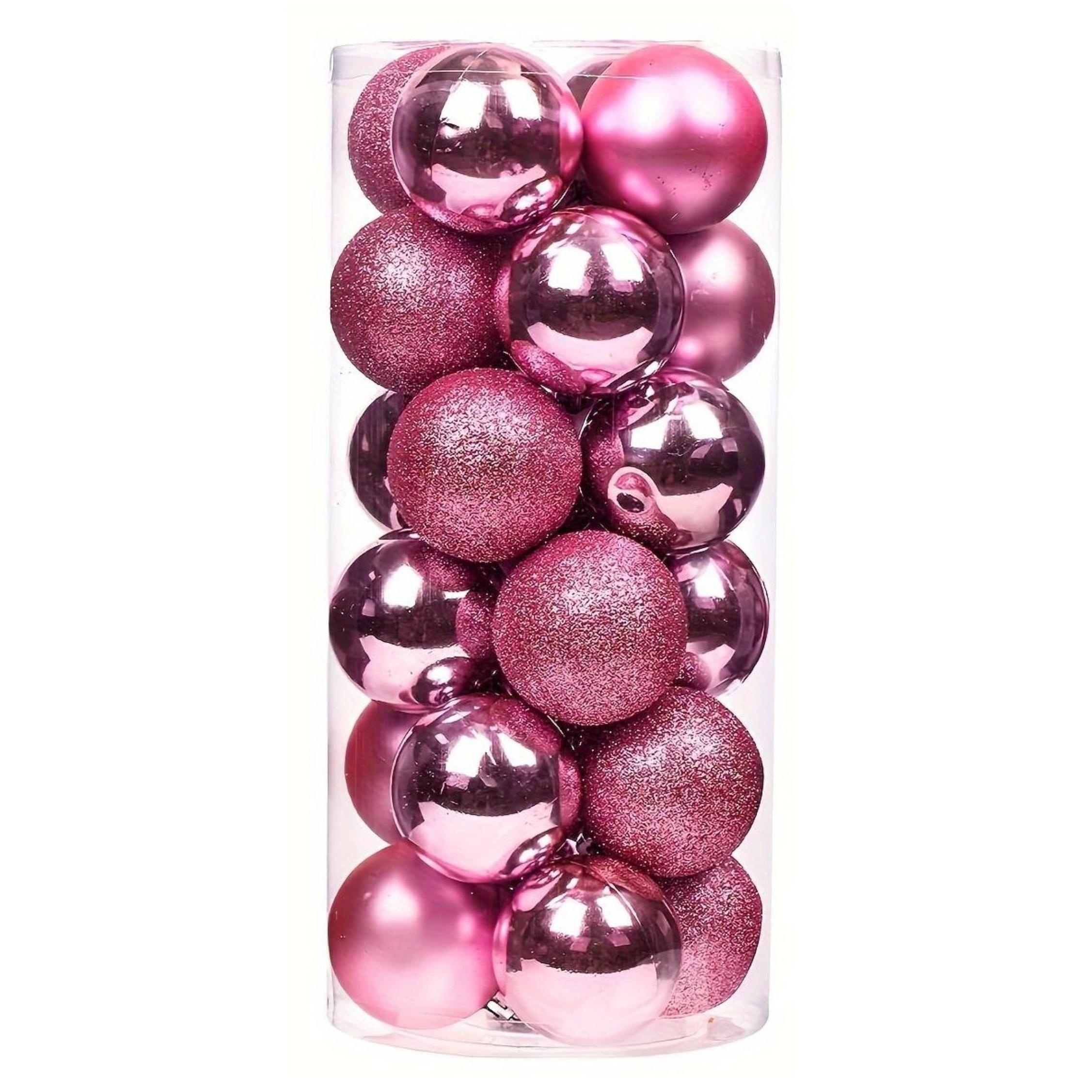 

24- Pink Christmas Bauble Ornaments, Assorted Sizes 3/4/5/6cm, Plastic Hanging Decorations For Festive Holiday, Wedding, Valentine's Day, Carnival Party