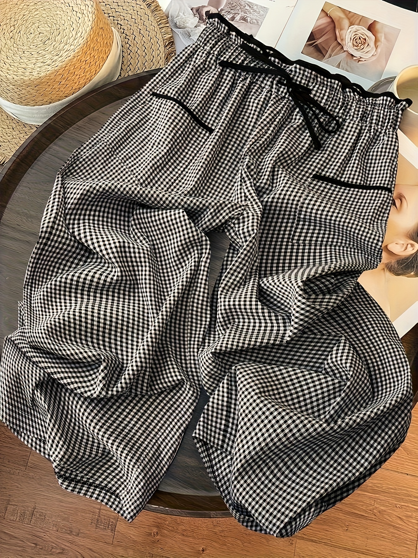 elegant plaid loose fit pants for women with trim and tie casual outdoor wear suitable for   machine washable