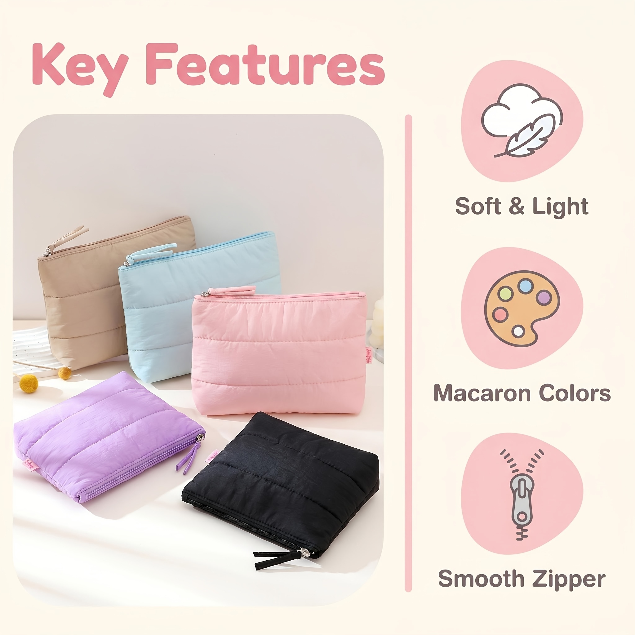 Macaron Color Cloud Makeup Pouch, Soft Quilted Storage Bag