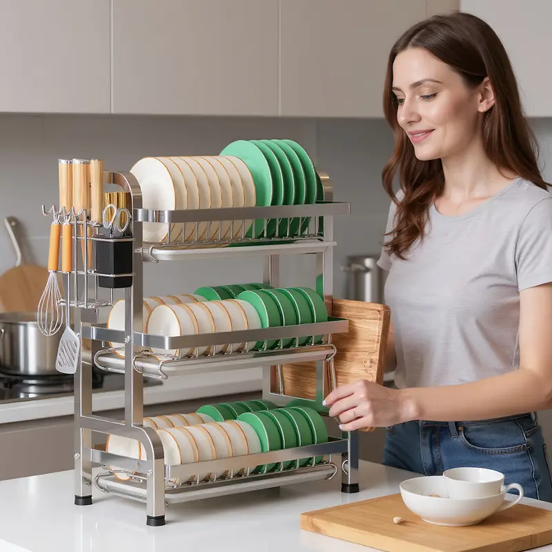 escurridor de platos de acero inoxidable de 3 niveles - escurridor de cocina para encimera con ganchos y bandeja de drenaje, 5