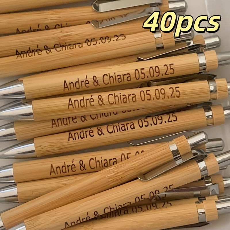 TEMU 40pcs Set Of Personalized Custom Ballpoint Pens, Carved Retractable Wooden Pens, Medium Point, Round Body Shape, Countryside Wedding Party Gifts