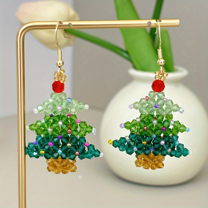 

Handmade Beaded Christmas Tree Drop & Dangle Earrings - Simple Pastoral Style, Sterling Silver Ear Hooks, No Plating, Festive Jewelry Gift For Birthday, Wedding, And - Fits