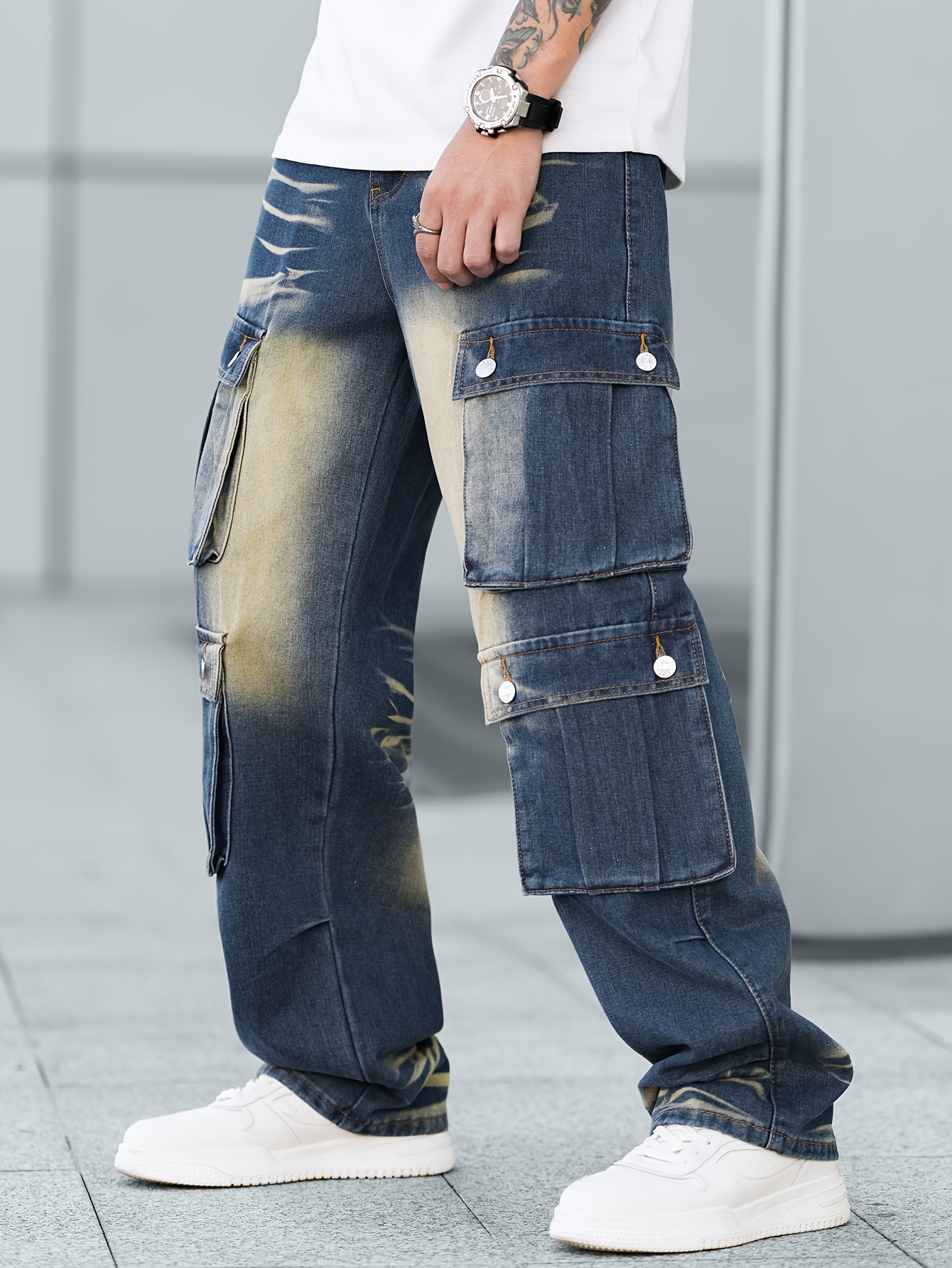 mens denim pants a blue yellow gradient featuring multiple - Temu