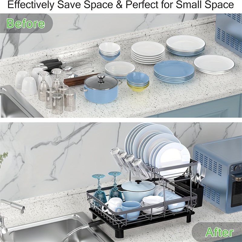 2 tier dish drying rack large collapsible kitchen sink organizer   rack for kitchen countertop with utensil holder cup holder and chopping board holder Product details 0
