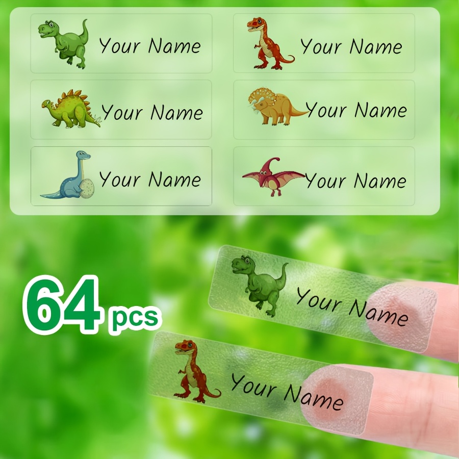 Image of Custom Dinosaur Patterned Transparent Name Labels: Office Supplies For Business & Daily Life. Fit Mugs, Stationery, Notebooks & Essentials Mark , Organize, Ups