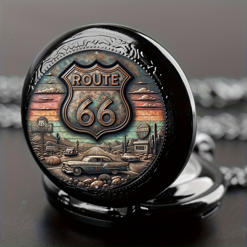 vintage route 66 pocket watch stainless steel quartz movement non waterproof fashionable sports necklace clock for teens adults pocket watches vintage watch details 1