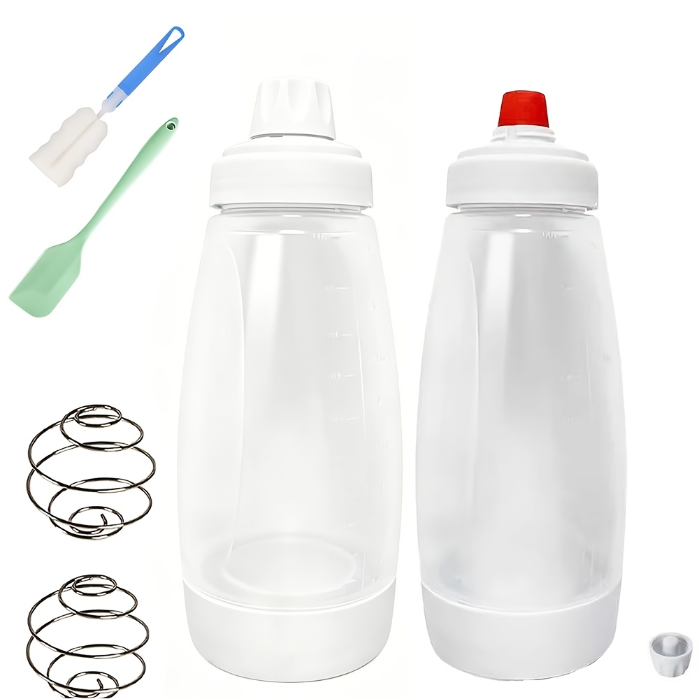 2 pack pancake batter dispenser squeeze bottle with cleaning brush and spatula wide mouth batter mixer for cupcakes     mess free baking tool 32 oz