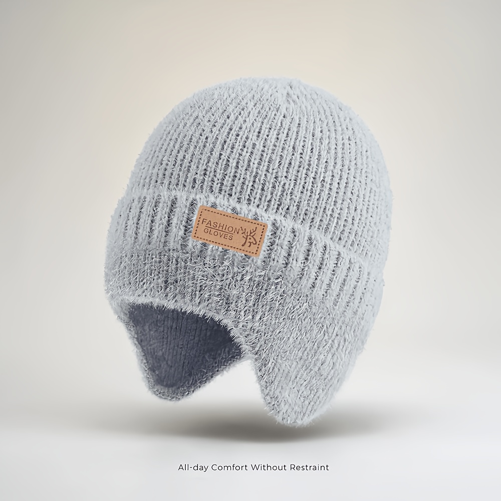 TEMU Winter Novelty Minimalist Women's Brimless Beanie, Plush -lined Thickened Insulated Stretch Hat With "deer Head" Logo, Extended Ear Flaps On
