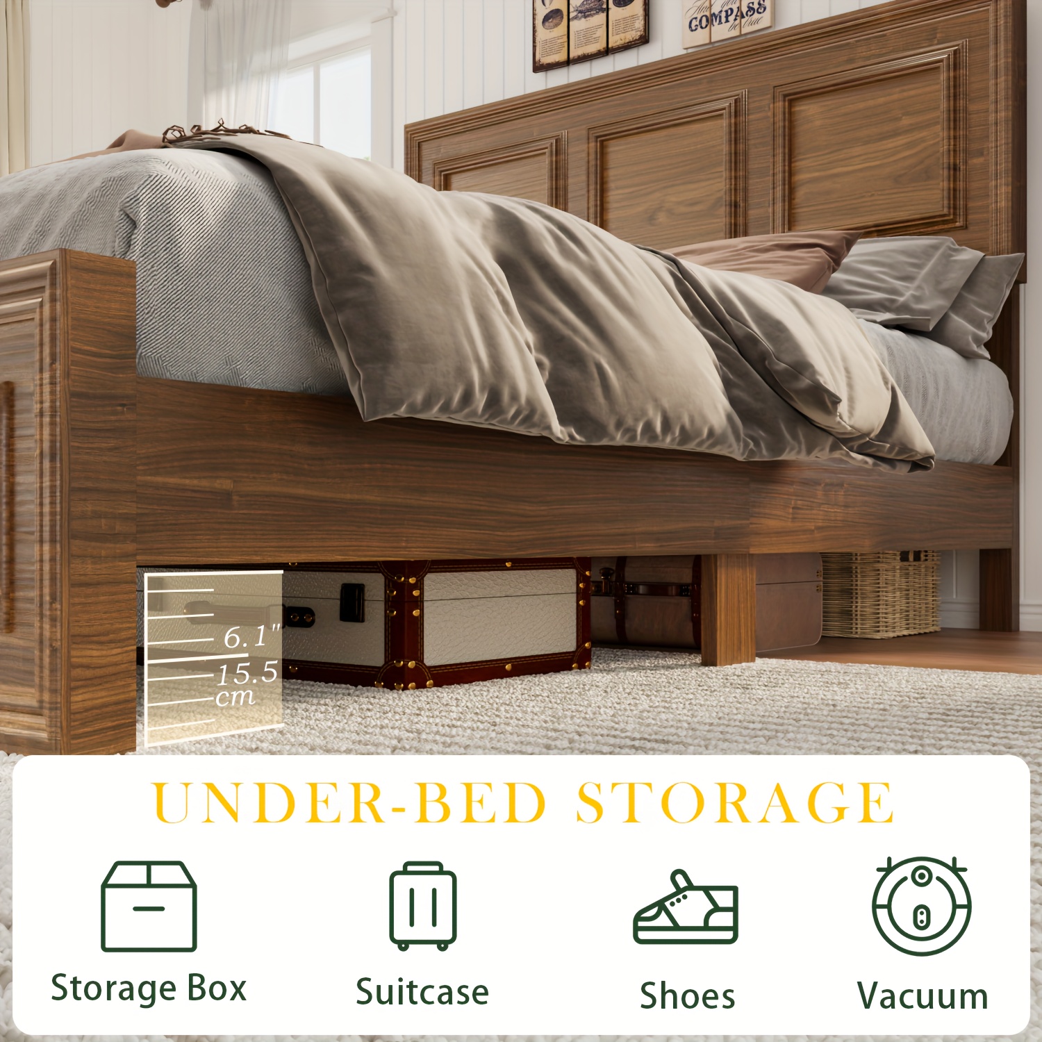 Brown and White Farmhouse Style Platform Bed Frame with Height Adjustable Headboard
