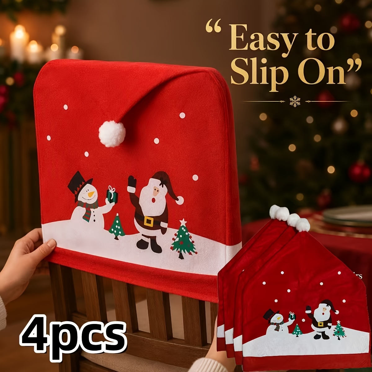 TEMU 4pcs Christmas Chair Cover Set, Santa Claus And Snowman Pattern Back Covers, Soft Plush Material, Fits Most Standard Dining Chairs, Warm Festive