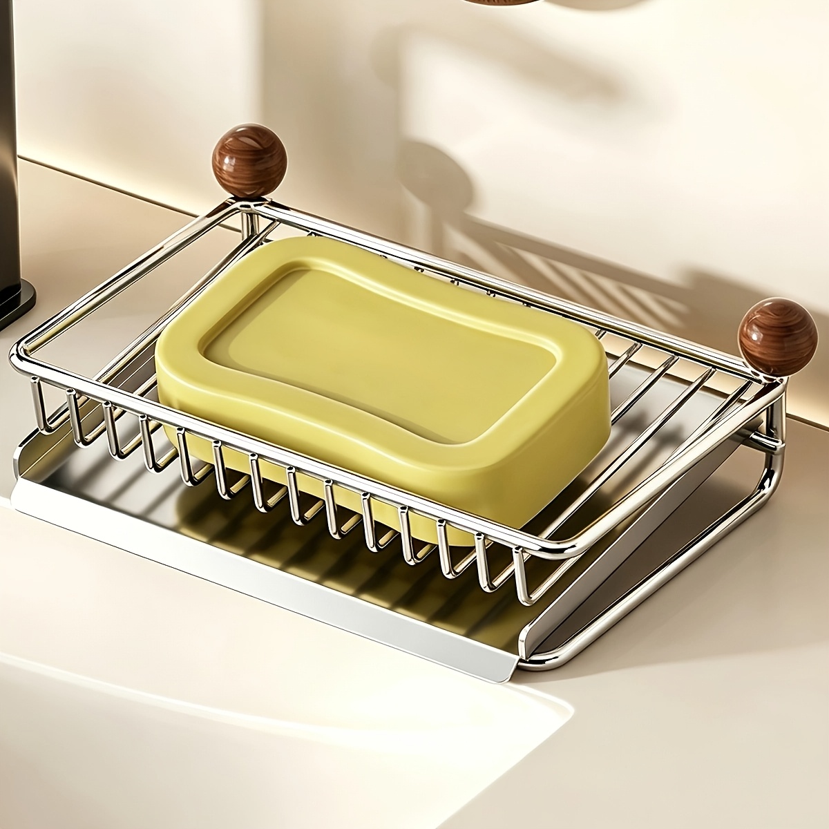 TEMU 1pc Stainless Steel Soap Holder With Drain Tray – Rust-proof, No Drilling Required, Keeps Soap Dry; Suitable For Soap, Scouring Pads, Sponges,