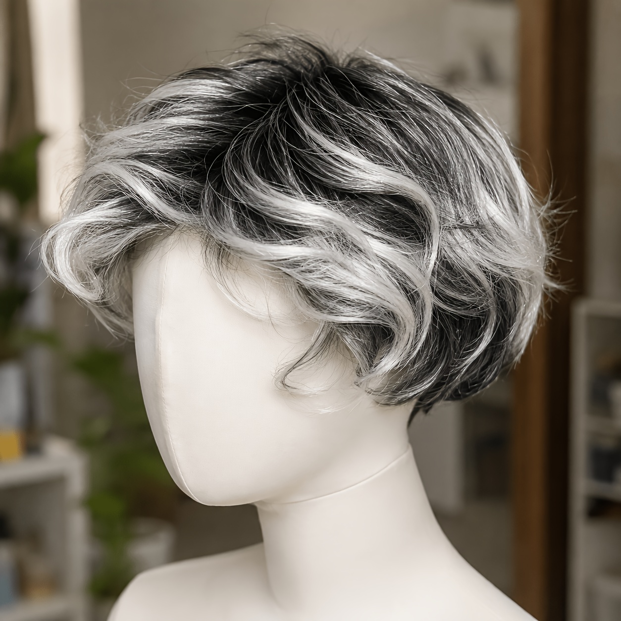TEMU Perruque courte et frisée superposée noire et blanche, bonnet de perruque courte et duveteuse blanc argenté à frange sur le pour accessoire de