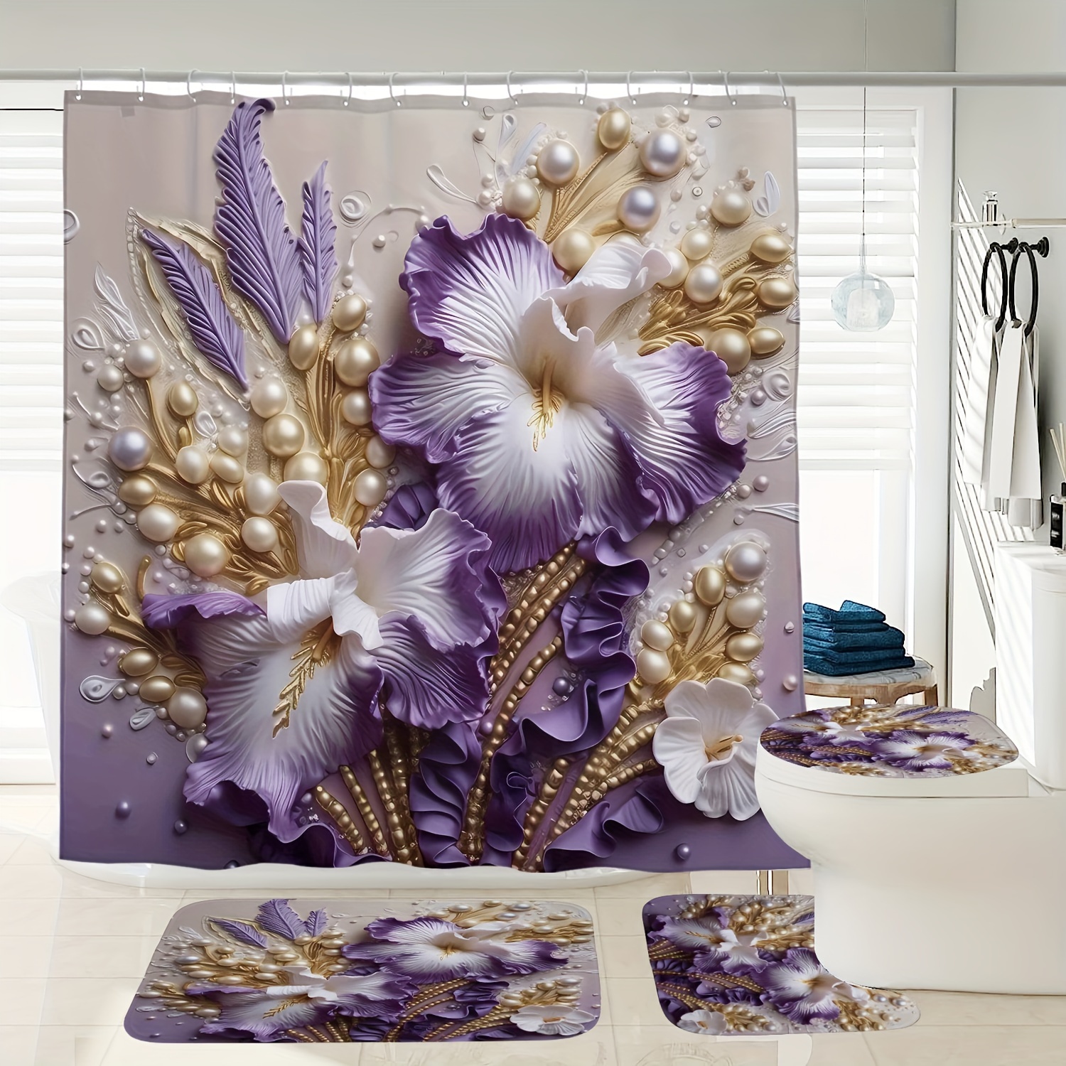 

1/4pcs Pattern Shower Curtain Set, Shower Curtain 12 , Bathroom Rug, Mat, Lid Pad, Bathroom Decor, Shower Curtain For Bathrooms, Bathroom Accessories