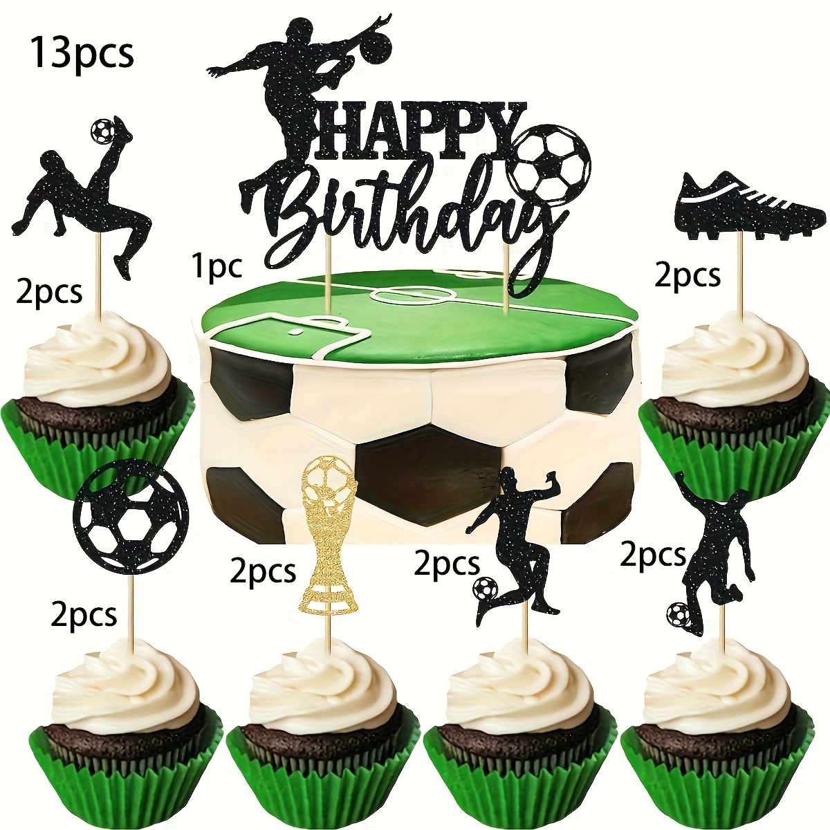 Image of Set Of 13 Soccer-themed Birthday Cake Toppers, Featuring Football Players And Ball Decorations For Cupcakes, Perfect For Sports Parties For Soccer Enthusiasts