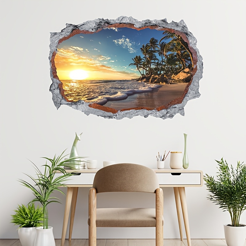 Image of 2sheets/set Vibrant Sunrise Wall Stickers, Wall Art, Modern Summer Scenery Removable Pvc Wall Stickers, Gift Ideas, Decor Stickers For Living Room And Bedroom Doors, Perfect Room Decor