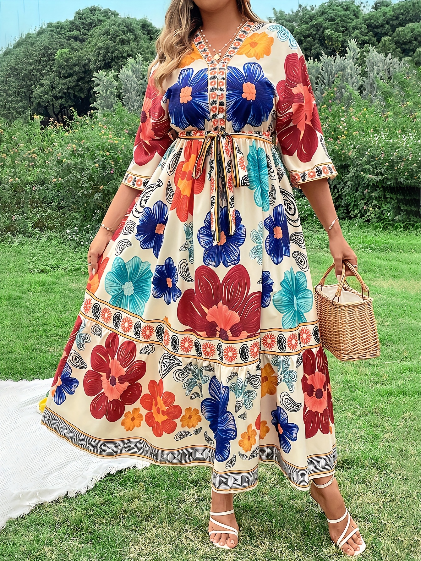 Floral Print Lace Up Swing Dress, Elegant V Neck Dress For Spring, Women's  Clothing