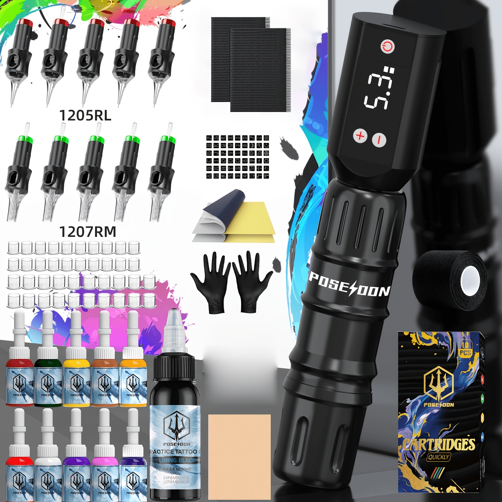 Image of Poseidon Wireless Tattoo Pen Set, Including A Tattoo Gun, 10 Practice Tattoo Ink For Fake Skin, Power Supply, And 10 Tattoo Cartridge Needles, A Kit For .