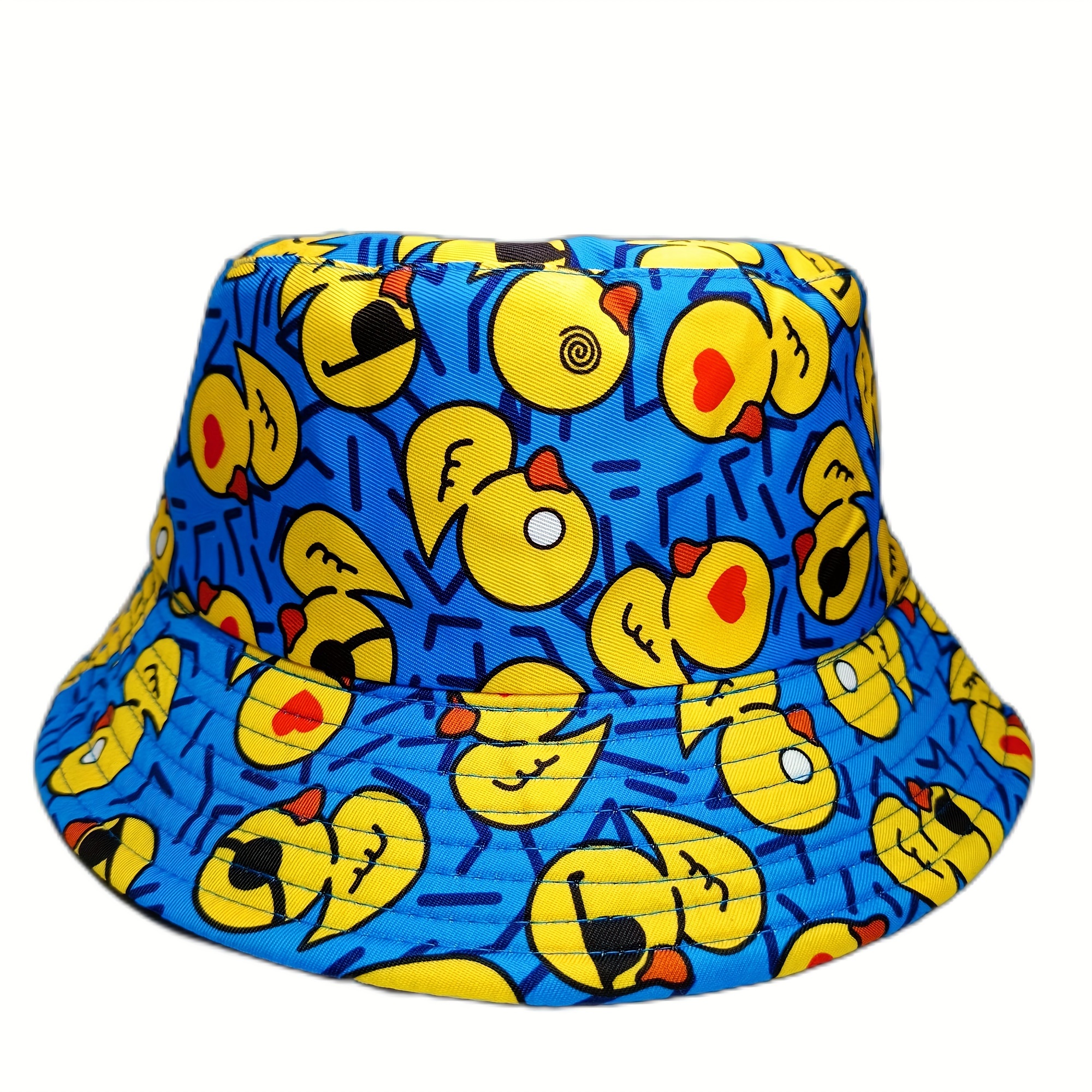 

Cool Cute Funny Cartoon Bucket Hat, Yellow Duck Full Print Blue Fisherman Hat, Sun Hat For Casual Leisure Outdoor Sports, Beach Party