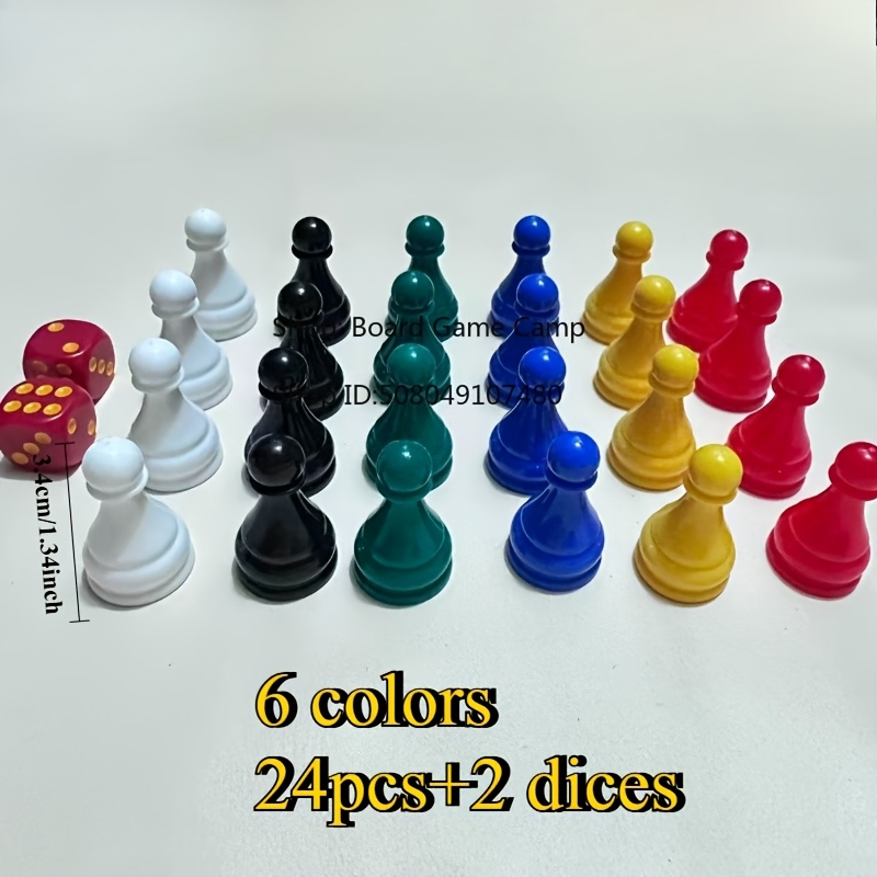 TEMU 26-teiliges Set, neues PS-Material, leuchtende Farbe, 6 Farben, 24 Schachfiguren, mit 2 Würfeln, große Größe, 3,4 cm Höhe, Ludo-Erweiterungen,