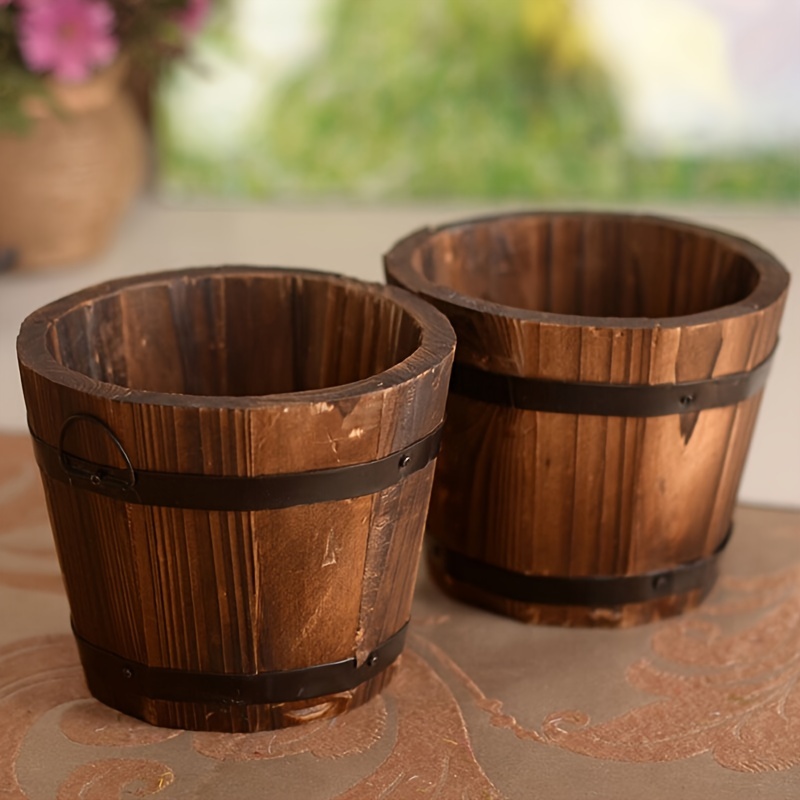 

1 Pack, Rustic Wooden Bucket Planters, Carbonized Solid Wood Succulent Pots For Balcony Vegetable Gardening, Vintage Small Wooden Barrel Style, Home Garden Decor