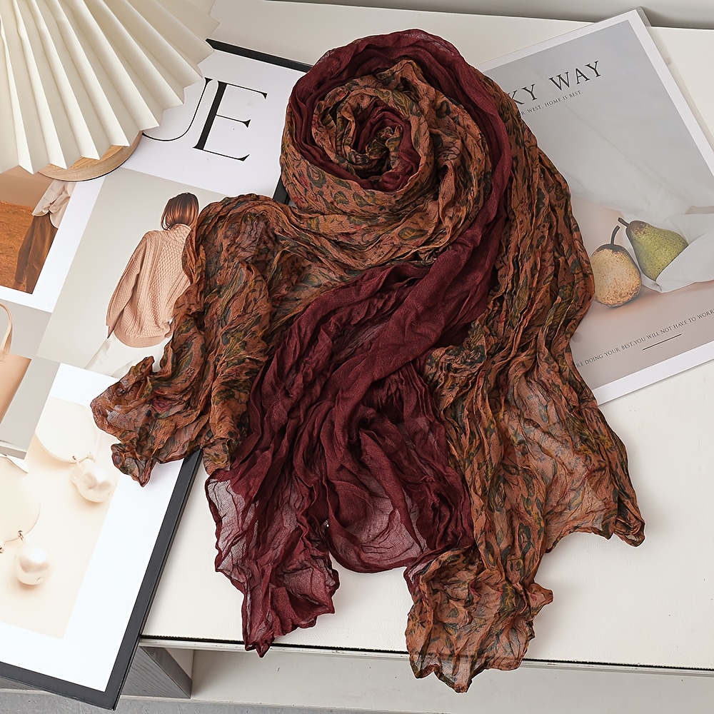 TEMU Table Runner Tablecloth Napkin - Women's Floral Print Pleated Scarf, Thin Printed Pleated Long Neck Scarf, Vintage Versatile Women's Pleated