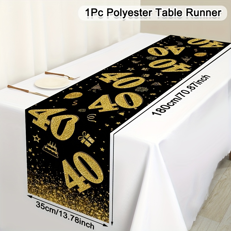 Image of 1pc Elegant Black & Golden 40th Birthday Party Table Cover - 70.87x13.78 Inch, Glittery '40' Design, Perfect For Indoor/outdoor Birthday Celebrations, Dining Table Decor, Birthday Party Decorations