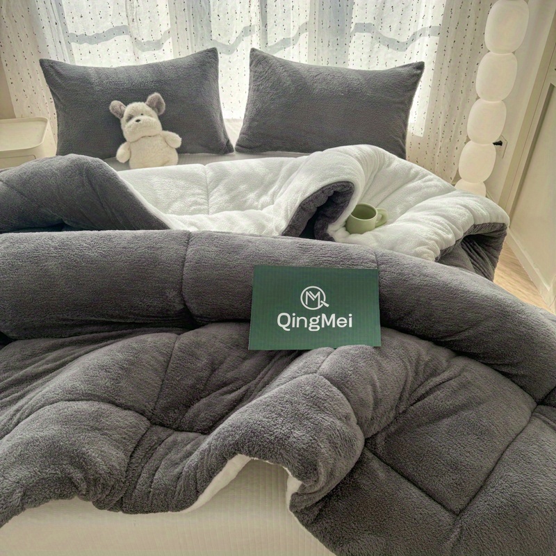 TEMU 1pc Thickened Soft Plush Comforter - Warm And Comfortable Double-sided Fleece Design Thick Quilt, Machine Washable Quilted Polyester Winter