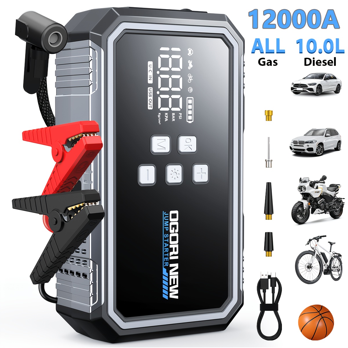 TEMU 12000a Car Jump Starter With Air Compressor, 160psi Cordless Tire Inflator, 12v Auto Jumper Box Booster With Display, Built-in 26800mah Power