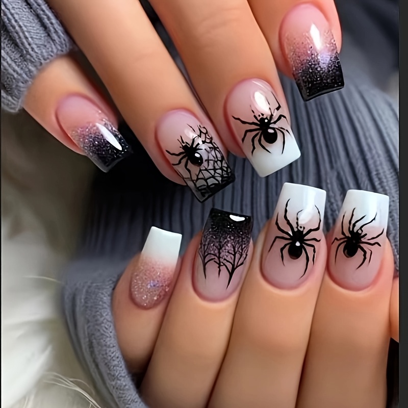 TEMU Lot de 24 faux ongles à pression Toile d'araignée d'Halloween, adaptés aux fêtes d'Halloween, ongles artificiels réutilisables à couverture