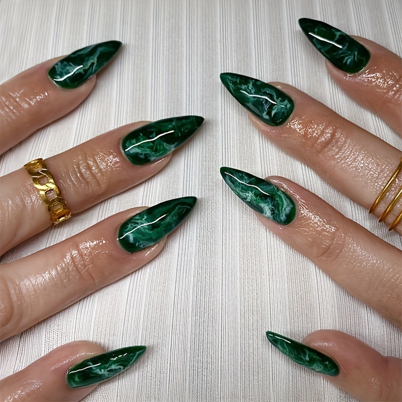 Image of 24pcs Summer Dark Green Marble Press-on Nails - Almond Shape Medium Length Glossy Finish With & , Elegant Marble Design For Women & S, Stylish Nail Art, Highgrade Pressons