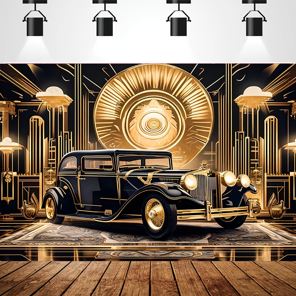 

1pc Vintage Car Photography Backdrop, Theme, Black And Golden Vinyl, 1920s Prom Party Decor, Retro Texture Wall Background